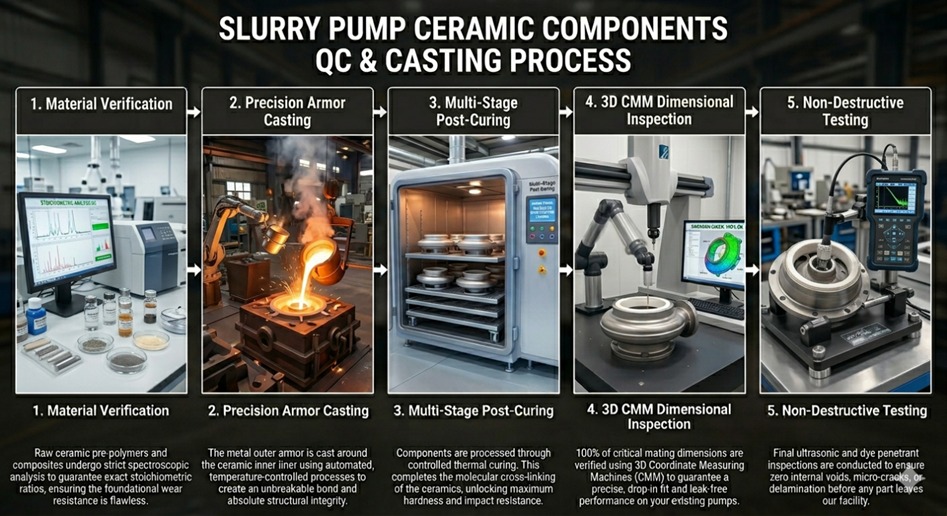5-step Slurry Pump Ceramic Components QC and Casting Process including Material Verification, Armor Casting, CMM Inspection, and NDT.
